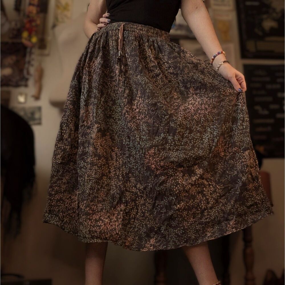 Vintage Ditsy Floral Print Maxi Skirt Women's One Size Brown